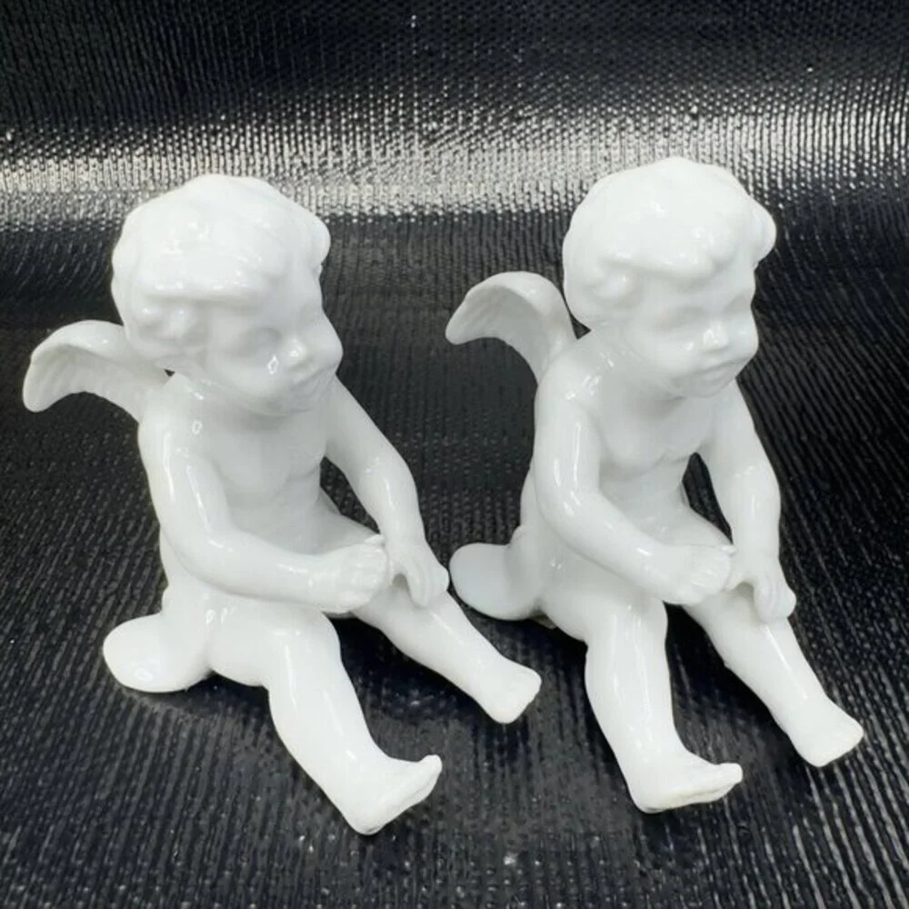 Fitz And Floyd White Porcelain Angel Cherub Set 2‎ Figurine W Original Stickers